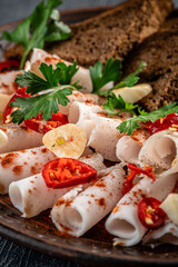 Spicy garlic salo rolls closeup