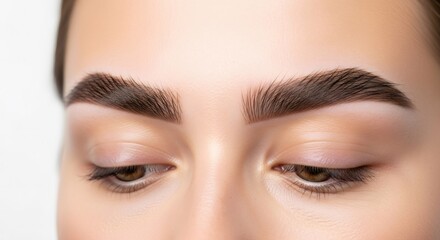 Fototapeta premium Woman with perfect eyebrows after lamination. Eyebrow shaping and microblading concept. Eye brow care, cosmetology, beauty salon treatment theme.