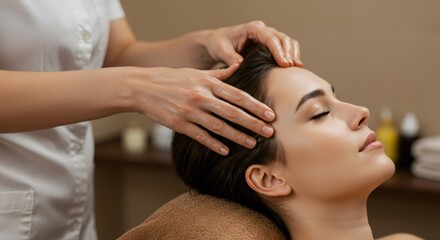 Fototapeta premium Woman receiving head massage at spa. Relaxation treatment with oil. Health wellness and beauty concept. Hair care and scalp therapy.