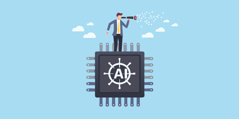 Ai visionary man on chip with telescope looking to the future