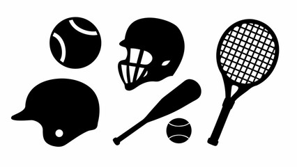 Dynamic sports equipment set for action packed games, featuring baseball, tennis icons, ideal for team spirit themes, originally a scalable vector graphic