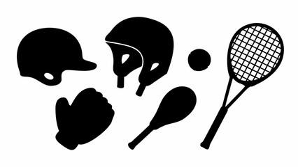 Sporting goods and equipment silhouettes for athletic teams and events, including helmets, mitts, and rackets, suitable for team logos and promotional materials