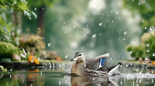 Rainy Season Bird Flying Atmospheric Scene A duck taking flight from a serene pond. Misty Monsoon Wildlife Flight Landscape
Moody Bird in Rain Nature Photography Concept