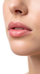 Obraz premium Female lips with natural pink lipstick or lip gloss on a woman, showcasing beauty, youth, and healthy skin for a cosmetology concept.