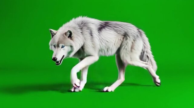 A wolf with white and gray fur walking slowly across a green screen studio background for compositing green screen wolf video