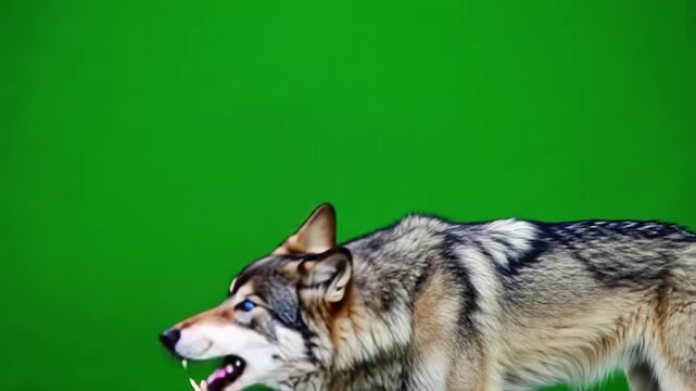 A wolf with blue eyes howling loudly against a vibrant green colored plain background shot green screen wolf video