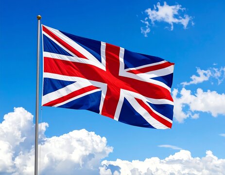 A vibrant flag of a nation fluttering against a bright blue sky