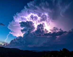 Epic night view of an active thunderstorm. Brilliant lightning illuminates towering cumulonimbus clouds, revealing the vast power of nature