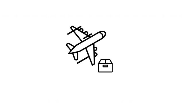 Cargo service. Line drawing of an airplane flying above a box, suitable for travelthemed designs, aviationrelated content, childrens illustrations, and transportation visuals.