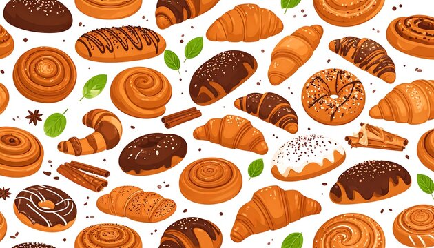 A vibrant, overhead shot showcases an assortment of baked goods on a white backdrop, including croissants, cinnamon rolls, and donuts