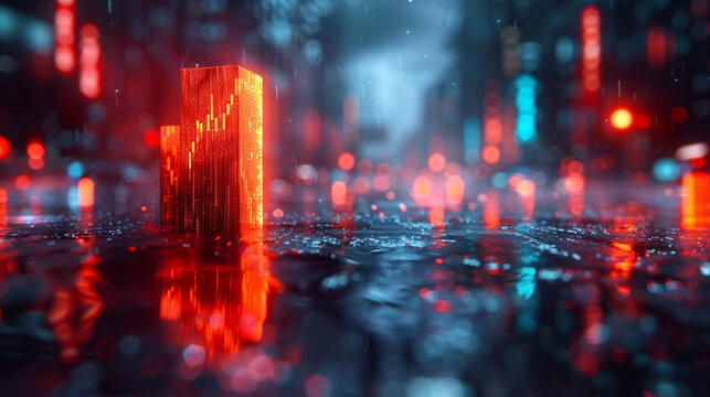 Dramatic Financial Crisis Scene with Falling Red Stock Chart, Golden Bar and Emergency Alarm Siren