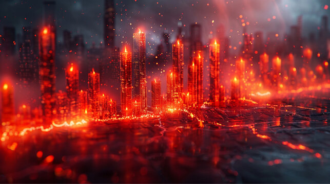 Epic Financial Cityscape Concept with Melting Red Stock Charts and Molten Lava Streams