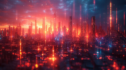 Surreal Financial Concept with Holographic Stock Chart Melting like Glowing Neon Plasma, Streams of Liquid Light, and Giant Futuristic Skyscrapers