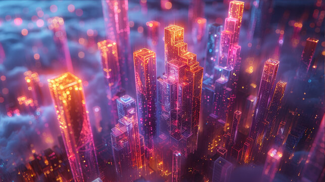 Surreal Financial Concept with Holographic Stock Chart Melting like Glowing Neon Plasma, Streams of Liquid Light, and Giant Futuristic Skyscrapers
