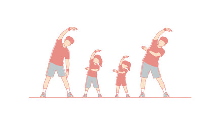 Energetic family embracing healthy lifestyle with fun stretching exercises together outdoors, promoting wellness and togetherness.