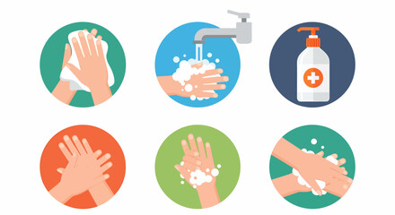 Illustrations showing the steps of proper hand washing for hygiene and health.