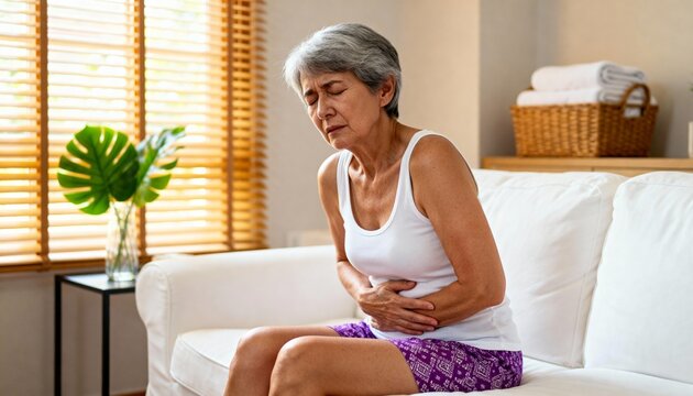 senior woman with stomach pain sitting on sofa at home