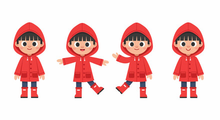 Set of a cute cartoon child character wearing a red raincoat and boots in different poses.