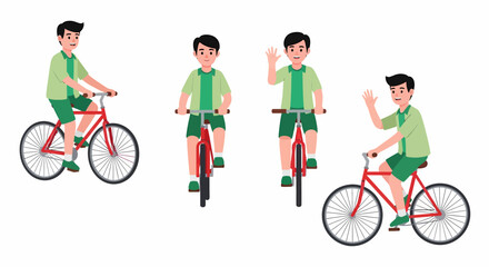 A young man riding a red bicycle in various poses, including front and side views, and waving.