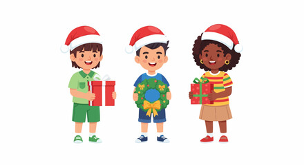 Three diverse children wearing Santa hats, holding gifts and a wreath, celebrating Christmas.