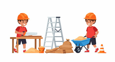 Two young boys in hard hats playing construction, one sawing wood, the other pushing a wheelbarrow with sand.