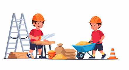 Two cute cartoon boys in hard hats playing as construction workers, one sawing wood and the other pushing a wheelbarrow.
