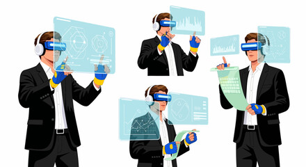 Illustration of a businessman using virtual reality glasses to interact with digital interfaces.