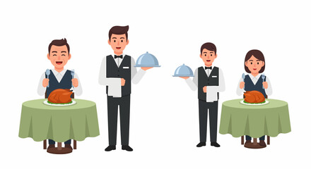Cartoon illustration of waiters and a served turkey on a table.