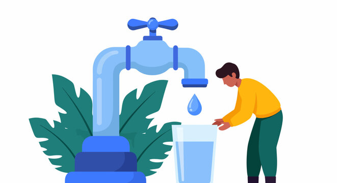 Illustration of a man filling a glass with water from a tap, emphasizing water conservation.