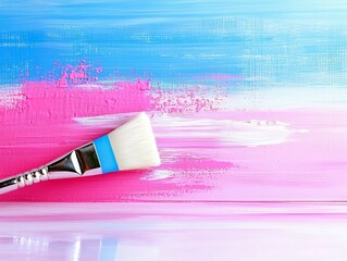 A flat paintbrush with white bristles and a blue band is shown applying a stroke of white paint over a textured background of pink and blue horizontal brush str