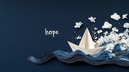 A white paper boat sails on a dark blue, wavy ocean under a sky filled with white paper clouds, with the word "hope" written in white.