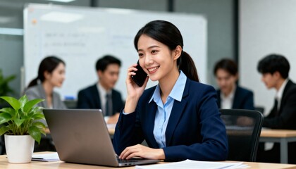 confident young businesswoman using mobile phone at work in boardroom