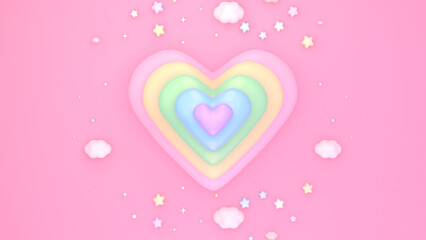 3D render rainbow heart, stars, and clouds on pink background.