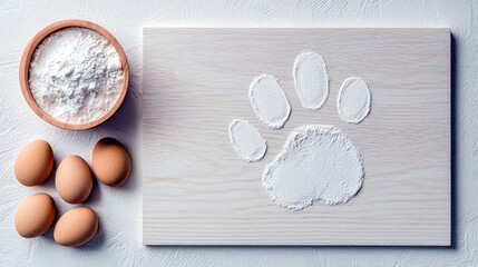 A paw print made of white flour is imprinted on a light wooden board, with a bowl of flour and several brown eggs nearby.