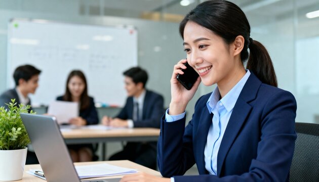 smiling office worker talking on smartphone with colleagues in background - Powered by Adobe