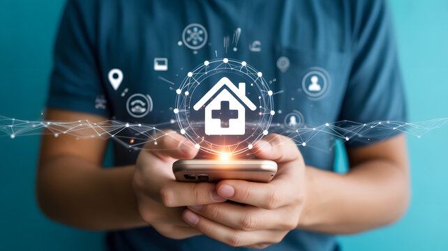Person holding a smartphone with a glowing house icon and medical cross surrounded by digital network connections and healthcare icons