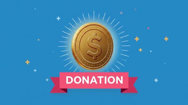 Golden dollar coin radiates a bright glow above a pink DONATION banner on a vivid blue backdrop now!