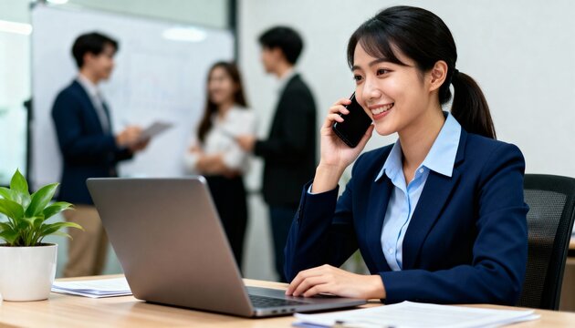Female professional taking client call at corporate workplace