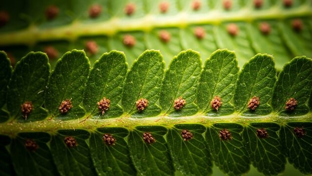 Close-up of a fern frond with sori containing spores.