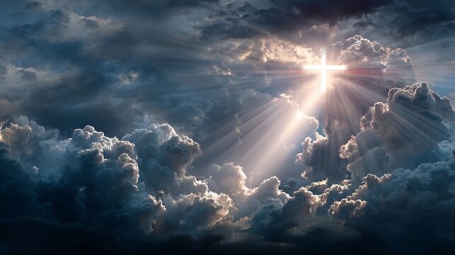 Heavenly skies alight with brilliant sunbeams illuminating a cross of faith and hope, spreading love and promise to all believers - Powered by Adobe