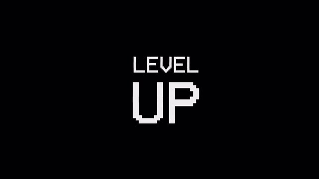 level up Text Looping Glitch Animation in Pixel Font. 4K Digital Gaming Screen Overlay Motion Graphic with Alpha Channel