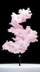 A person wearing a VR headset stands on a white platform, gazing up at a massive, swirling pink cloud against a stark black backdrop.