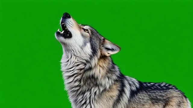 A wolf howls with its head tilted upwards against a vibrant green screen background in a studio green screen wolf video