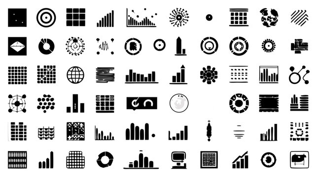 Comprehensive collection of data visualization icons, business analytics charts, statistics graphs, and infographic elements