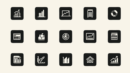 Collection of modern financial data analysis icons featuring bar charts, line graphs, pie charts, calculators for business statistics.