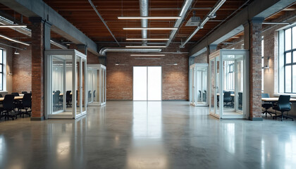 Modern open plan office space features glass meeting pods and exposed brick walls. Large windows illuminate the polished concrete floor, creating a bright work environment. This is a business setting.