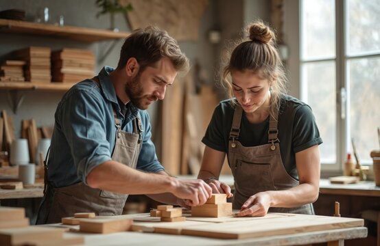 Man and woman carpenters work with wood planks in workshop. They are focused on building new furniture design project. Teamwork in small business craft. - Powered by Adobe