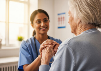 Caring Indian Healthcare Worker Holding Elderly Woman&rsquo;s Hand in Clinic