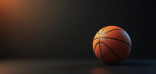 Obraz premium Orange basketball rests on dark surface with subtle lighting. Textured ball awaits game, indicating competition, skill, and athletic pursuit for championship.