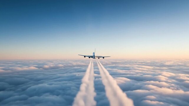 Jet airliner flying above a stunning cloudscape with contrails at sunrise or sunset